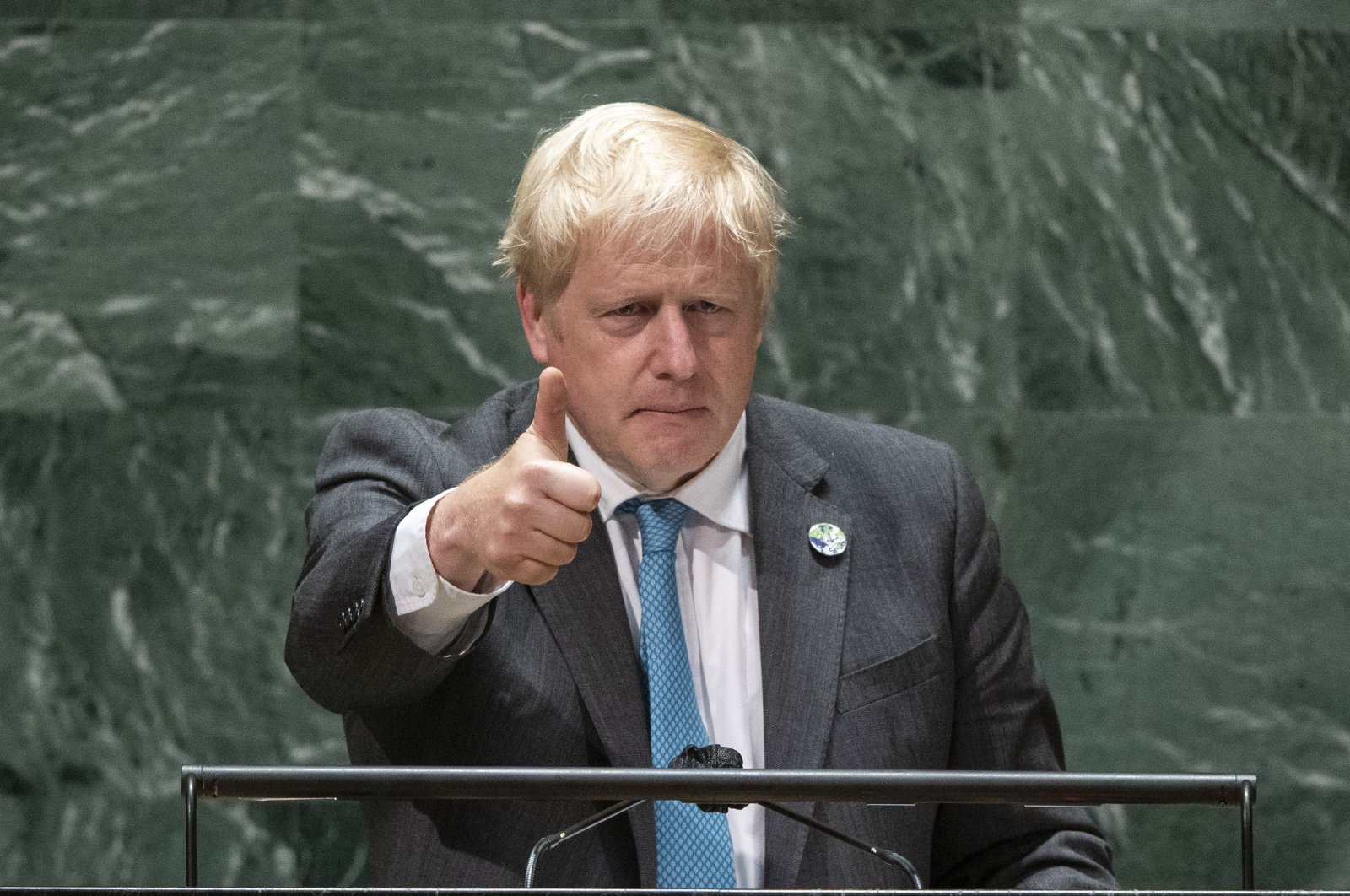 British Prime Minister Boris Johnson gives a thumbs up after addressing the 76th session of the United Nations General Assembly, Sept. 22, 2021, at U.N. headquarters, U.S. (AP Photo)