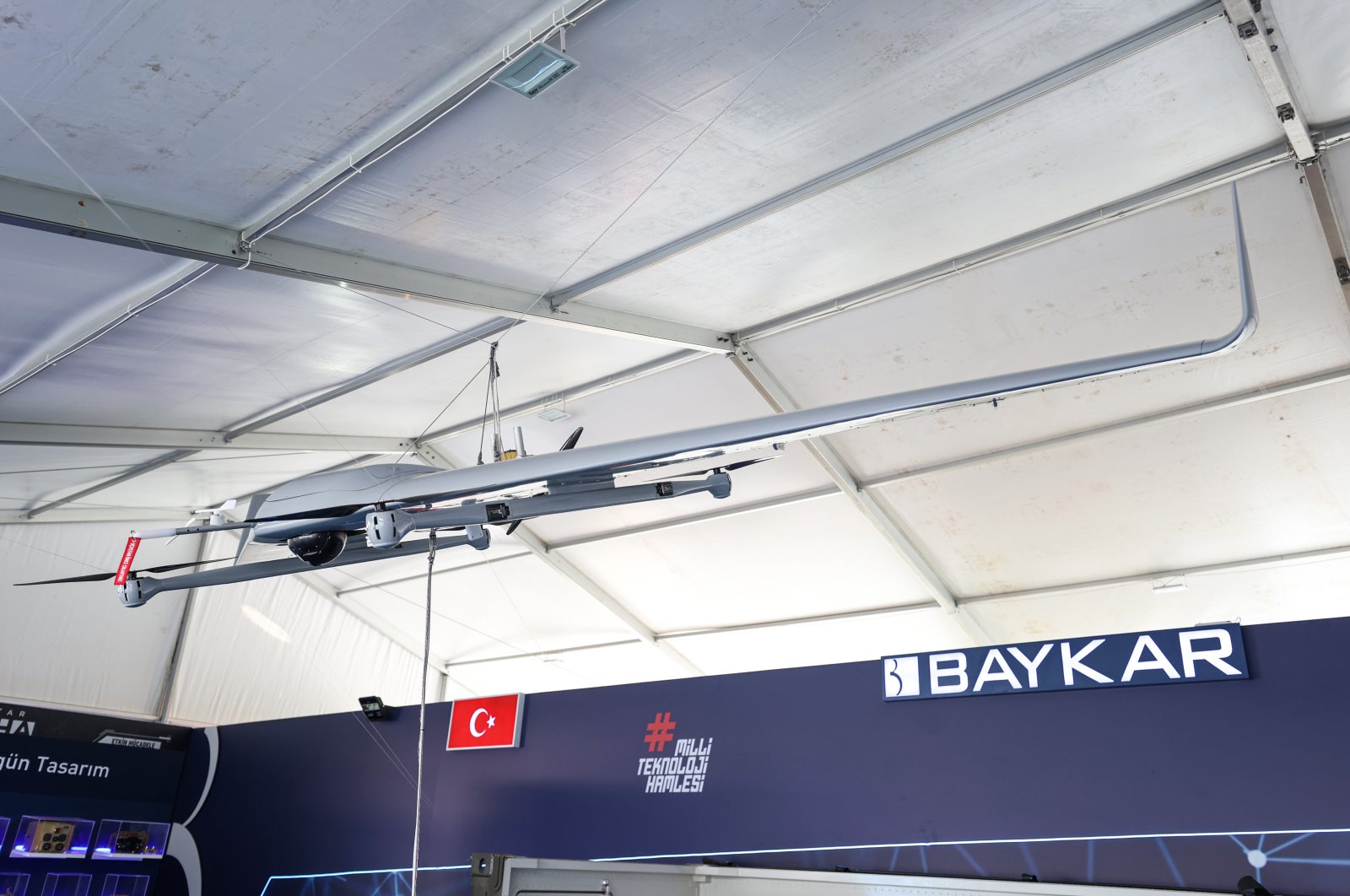 Baykar's vertical take-off and landing (VTOL) unmanned aerial vehicle (UAV) is on display at Turkey’s largest technology and aviation event, Teknofest, in Istanbul, Turkey, Sept. 23, 2021. (AA Photo)