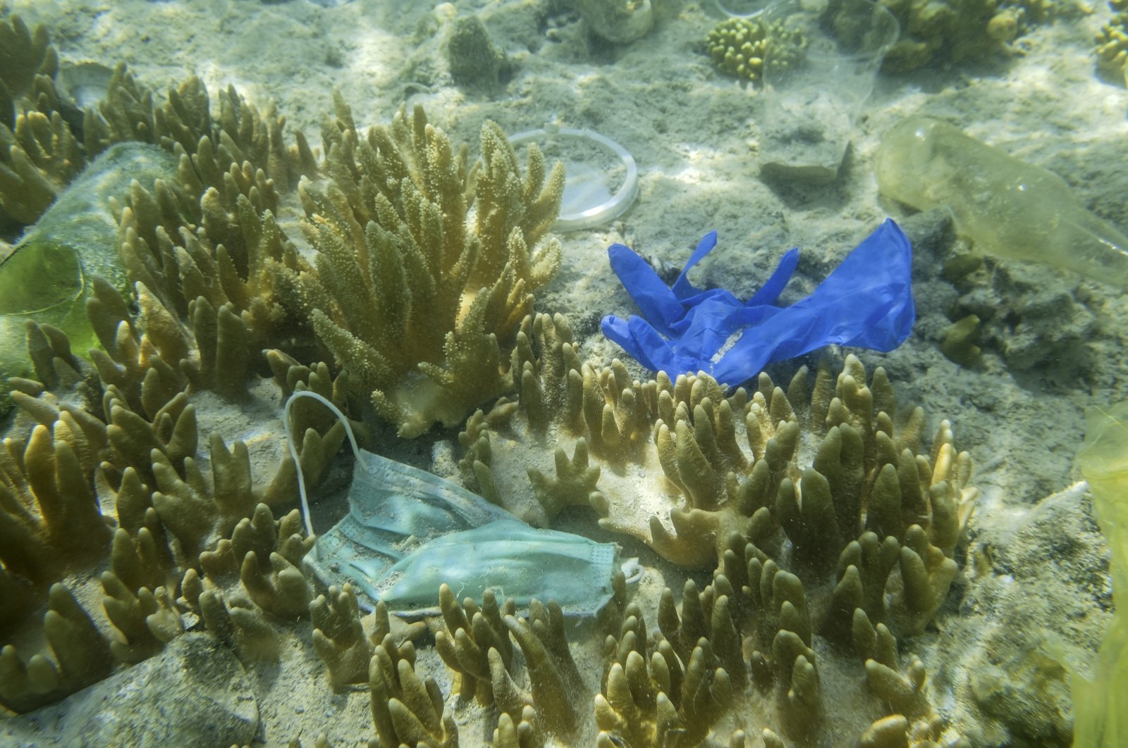 Face masks and plastic debris litter on the bottom of the Red Sea, October 2020. (Andrey Nekrasov/Barcroft Media via Getty Images)