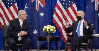 President Joe Biden (R) meets with Australian Prime Minister Scott Morrison at the Intercontinental Barclay Hotel during the United Nations General Assembly in New York, U.S., Sept. 21, 2021. (AP Photo / Evan Vucci, File)