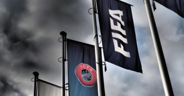 FIFA and UEFA flags hang in front of the Hungarian Football Association, in Budapest, Hungary, Oct. 19, 2020. (Shutterstock Photo)