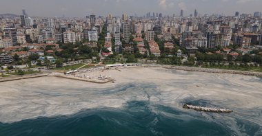An aerial photo of the sea at the Caddebostan shore with a visible huge mass of marine mucilage, or sea snot, on the Asian side of Istanbul, Turkey, June 7, 2021. (AP Photo)