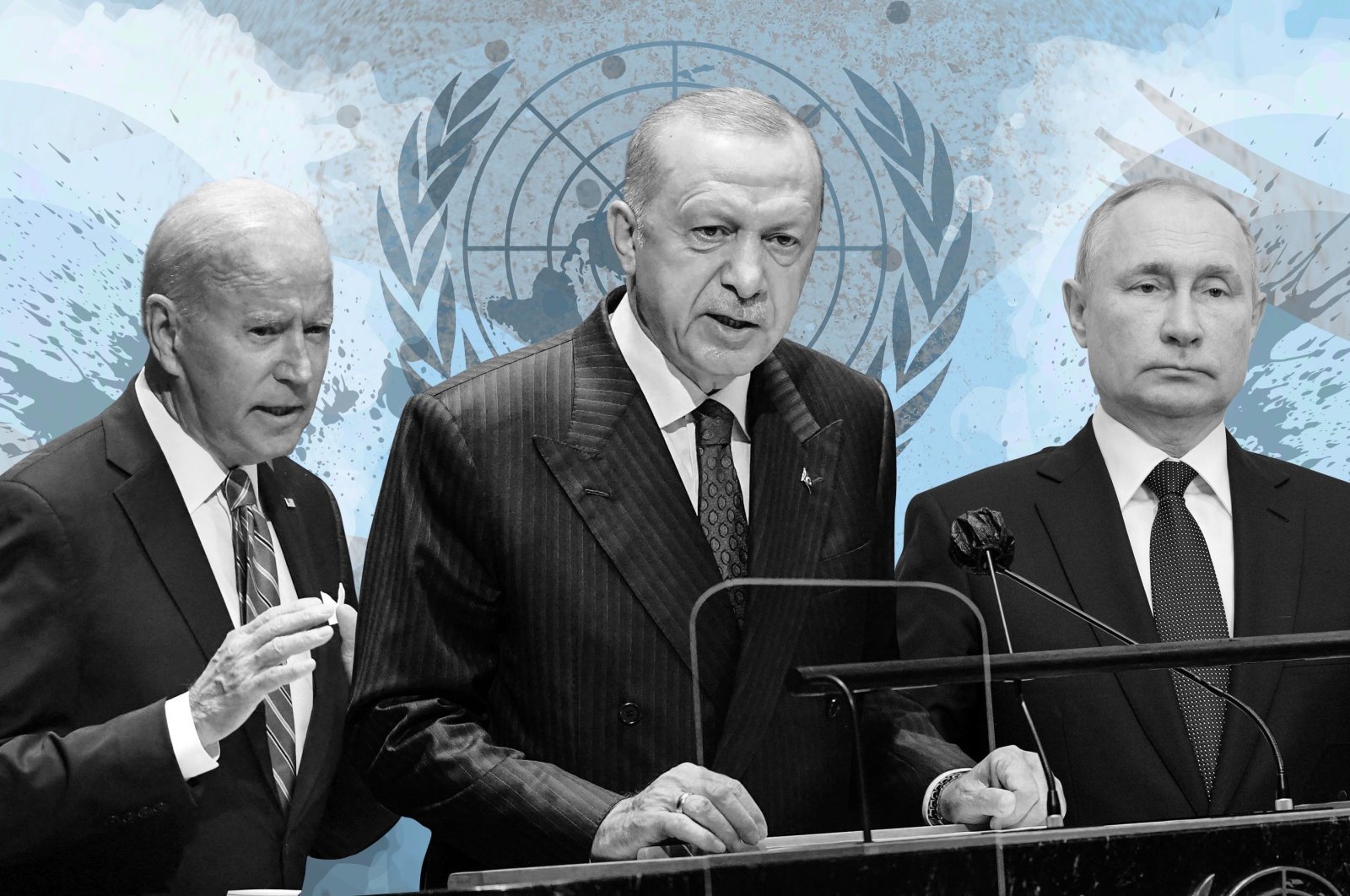 A photo illustration by Daily Sabah's Büşra Öztürk shows (L-R) U.S. President Joe Biden, President Recep Tayyip Erdo€an and Russian President Vladimir Putin with the logo of the United Nations in the background.