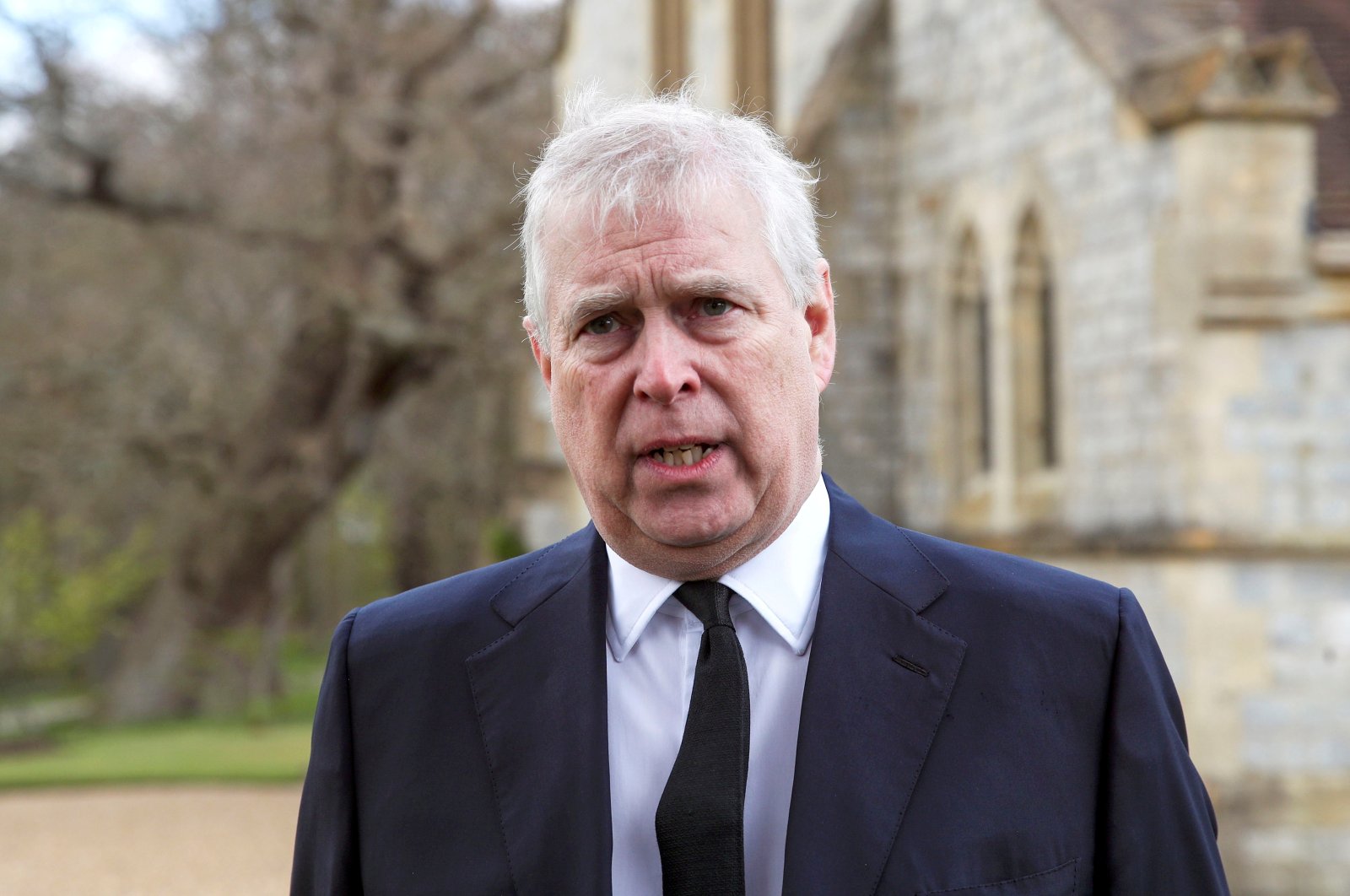 Britain's Prince Andrew speaks to the media during Sunday service, following his father Prince Philip's death, at the Royal Chapel of All Saints, at Windsor Great Park, U.K., April 11, 2021. (Reuters Photo)