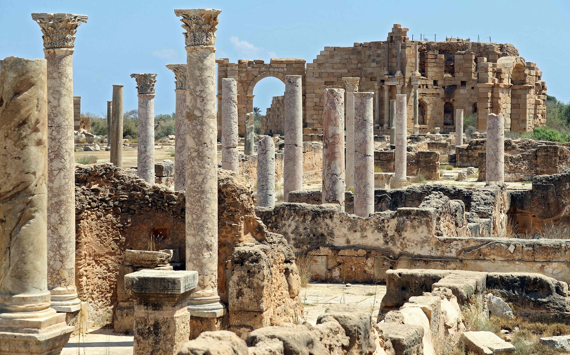 A general view of marble columns looking towards the Nymphaeum in the background, in the ancient Roman city of Leptis Magna near the coastal city of al-Khums, Libya, Aug. 24, 2021. (AFP Photo)