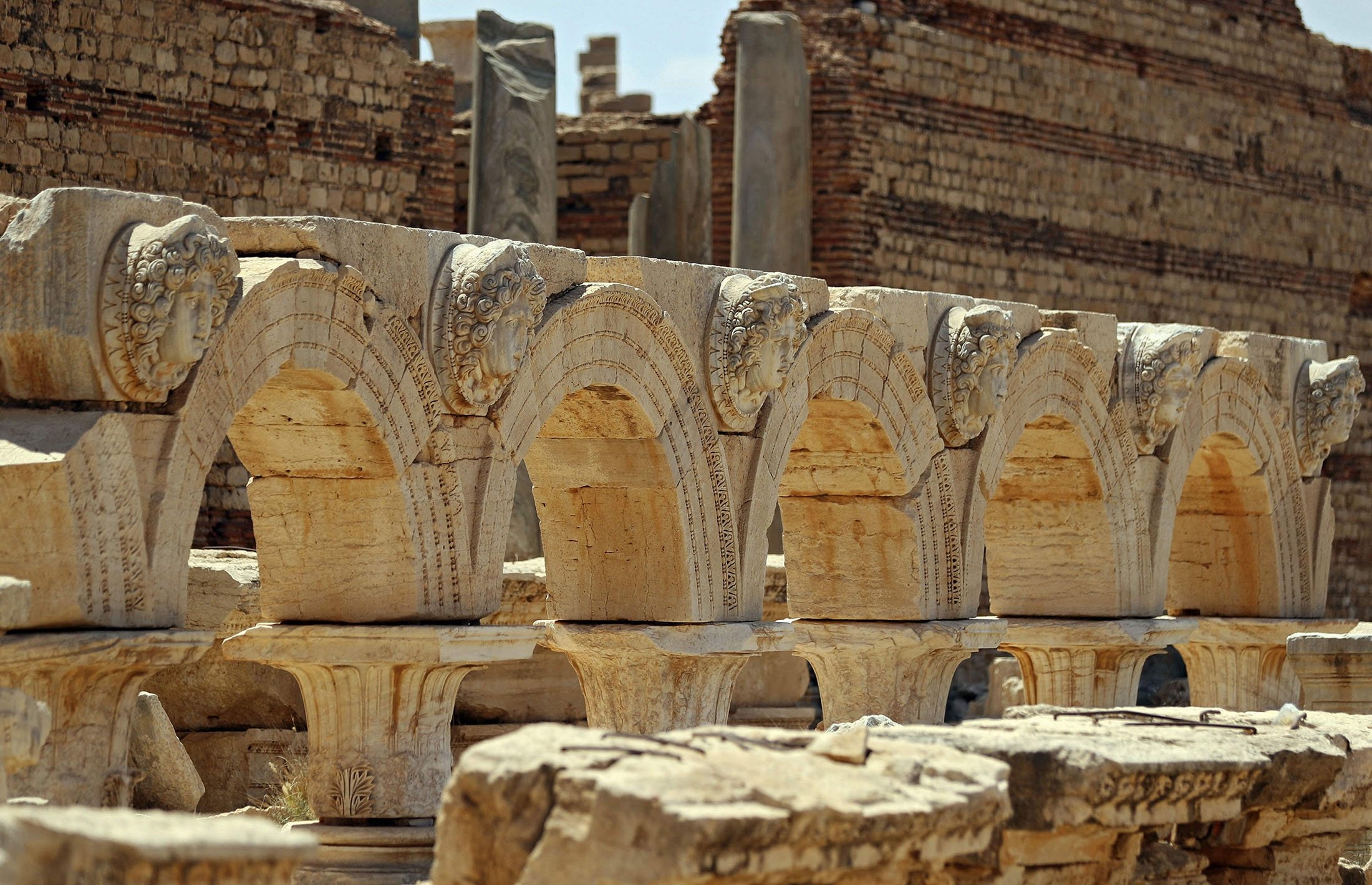 Arches bearing carved Gorgon heads surrounding the Severin forum, in the ancient Roman city of Leptis Magna near the coastal city of Al-Khums, Libya, Aug. 24, 2021. (AFP Photo)