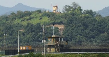 Military guard posts of North Korea (rear) and South Korea (bottom) are seen in Paju, near the border with North Korea, in South Korea, Sept. 24, 2021. (AP Photo)