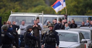 Kosovo police special units secure the area near the Jarinje border crossing on Sept. 20, 2021. (AFP Photo)