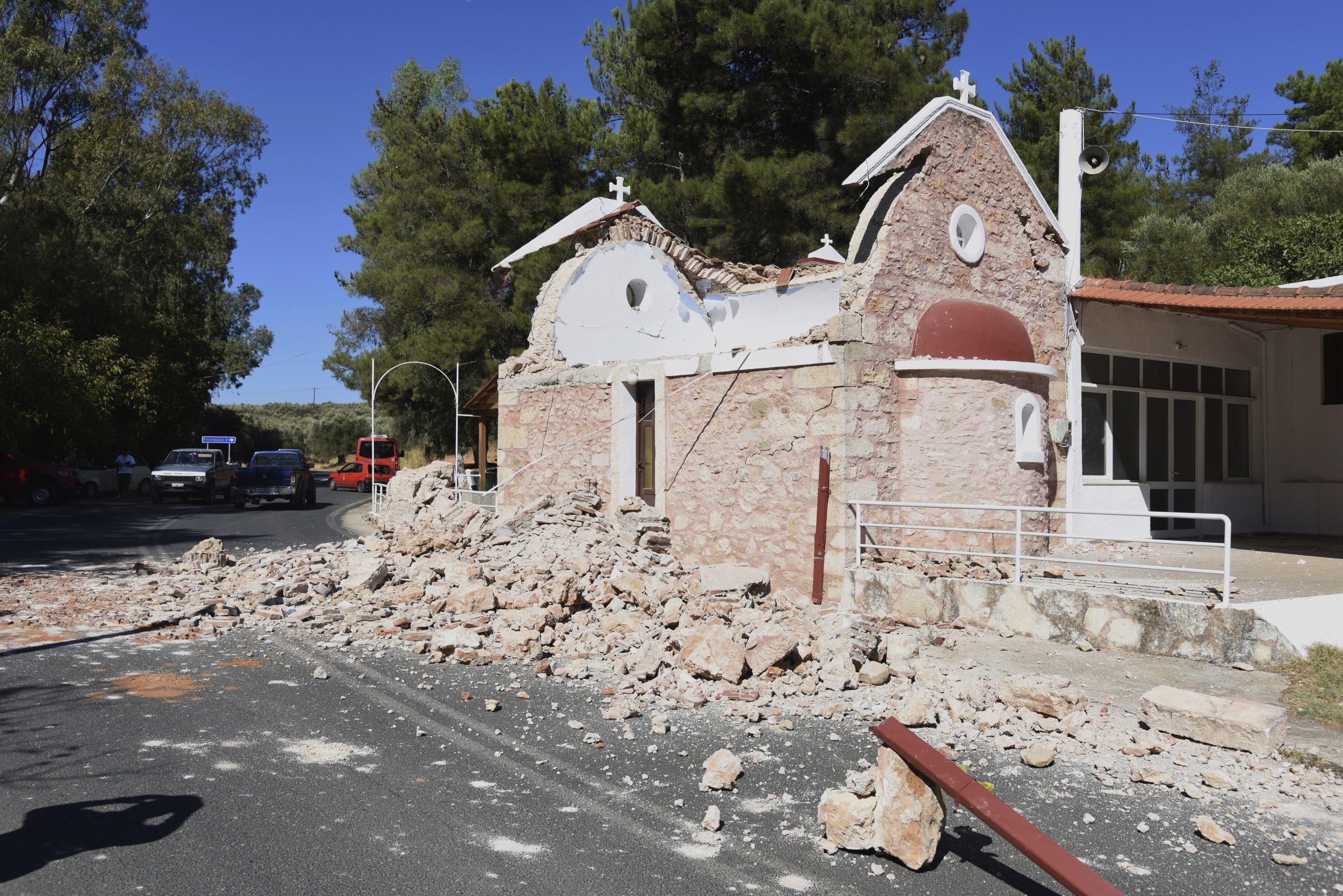 A damaged Greek Orthodox chapel is seen after a strong earthquake in Arcalochori village on the southern island of Crete, Greece, Sept. 27, 2021. (AP Photo)
