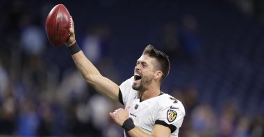 Baltimore Ravens kicker Justin Tucker (9) celebrates while leaving the field after defeating the Detroit Lions at Ford Field, Detroit, Michigan, U.S., Sept. 26, 2021. (Raj Mehta-USA TODAY Sports via Reuters)