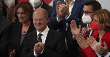Olaf Scholz, finance minister and Social Democratic Party (SDP) candidate for chancellor, after addressing his supporters after the German parliament election at the SPD headquarters in Berlin, Germany, Sept. 26, 2021. (AP Photo)