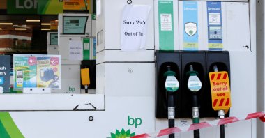 A BP gas station that has ran out of fuel is seen in London, Britain, Sept. 26, 2021. (Reuters Photo)