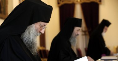 Bishops before the meeting with the Archbishop of Greek Cyprus Chrysostomos II as the Greek Cypriot Catholic church's headquarters in the Nicosia (Lefkoşa), TRNC, Monday, Nov. 23, 2020. (AP File Photo)