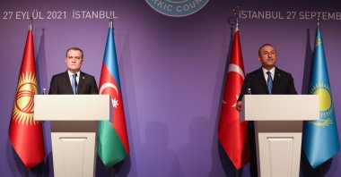 Foreign Minister Mevlüt Çavuşoğlu attends a joint news conference with Azerbaijani counterpart Jeyhun Bayramov, Monday, Sept. 27, 2021. (AA Photo)
