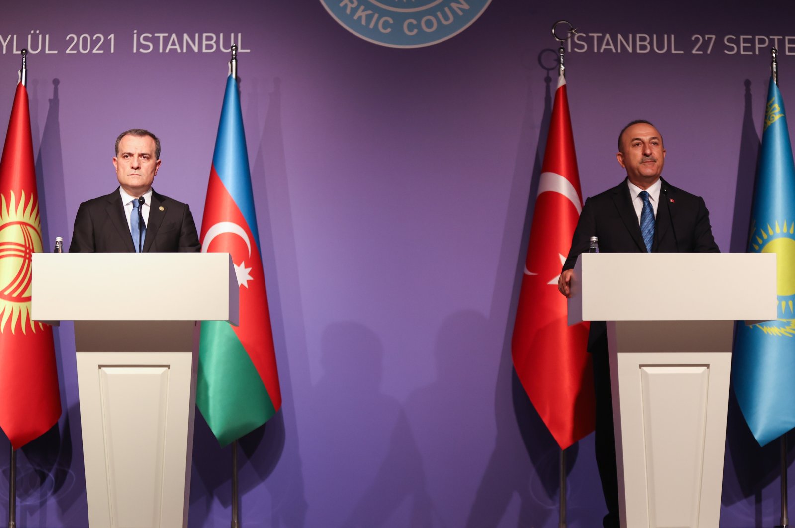 Foreign Minister Mevlüt Çavuşoğlu attends a joint news conference with Azerbaijani counterpart Jeyhun Bayramov, Monday, Sept. 27, 2021. (AA Photo)