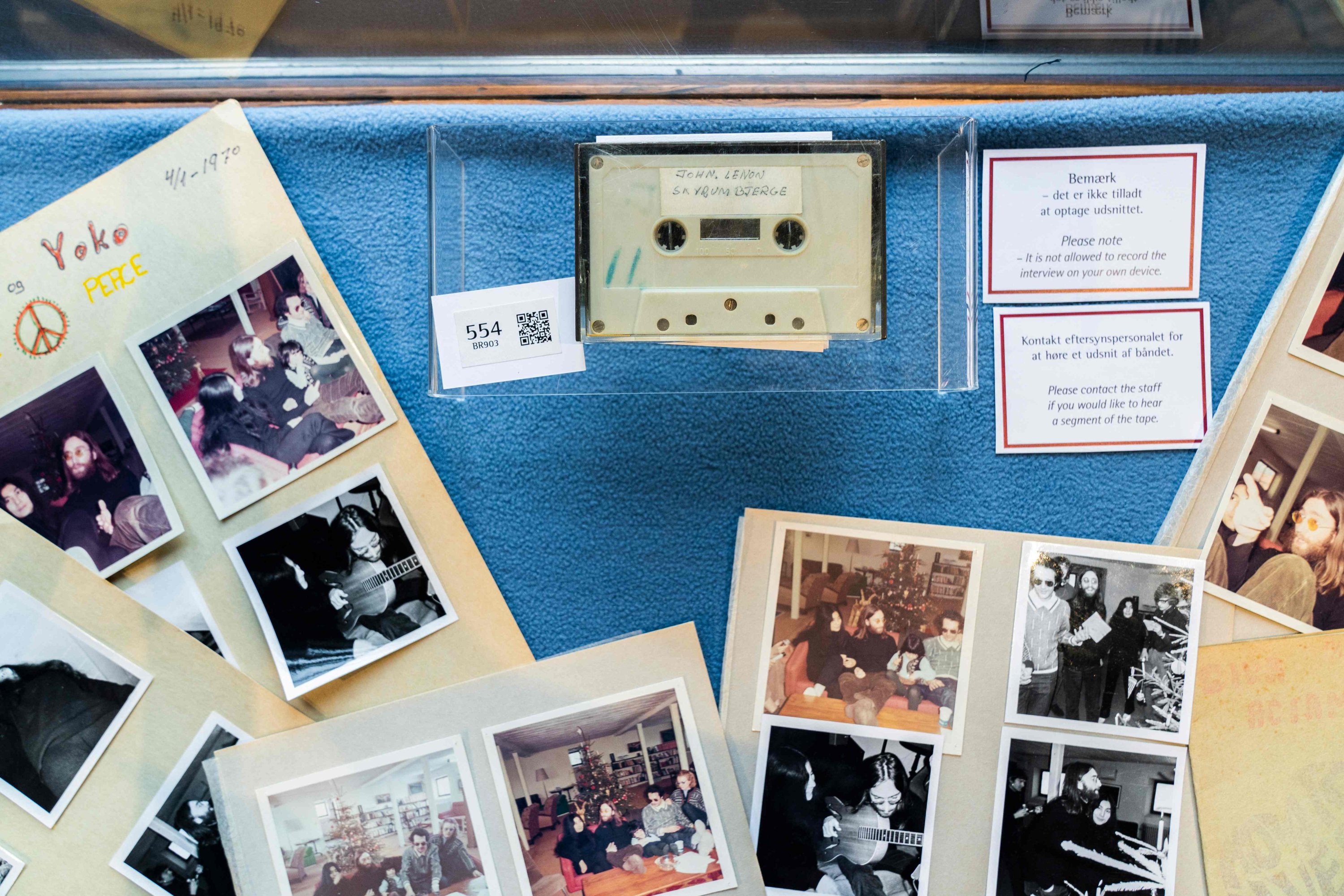 A cassette with the recording of four Danish schoolboys' interview with John Lennon and Yoko Ono is photographed at Bruun Rasmussen Auction House in Copenhagen, Denmark, Sept. 24, 2021. (AFP Photo)