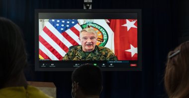 Gen. Frank McKenzie, Commander of U.S. Central Command, appearing onscreen from MacDill Air Force Base, in Tampa, Fla., speaks about Afghanistan during a virtual briefing at the Pentagon in Washington, D.C., U.S.,  Aug. 30, 2021. (AP Photo)