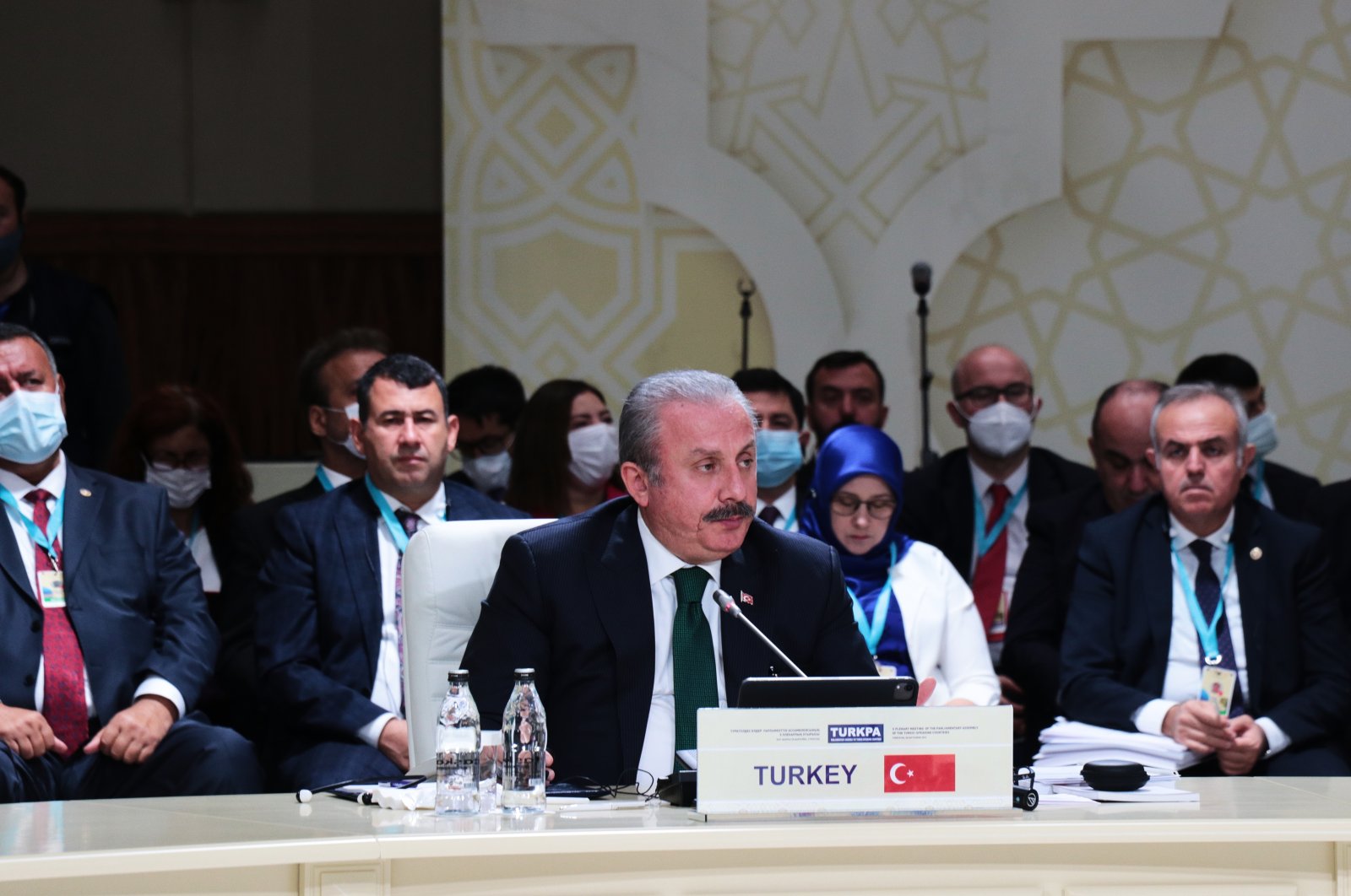 Parliament Speaker Mustafa Şentop speaks at the 10th Parliamentary Assembly of Turkic-speaking Countries (TURKPA) meeting, Turkistan, Kazakhstan, Sept. 28, 2021. (AA Photo)