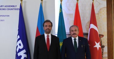 Mehmet Süreyya Er, Turkey's former ambassador to Tashkent, together with Parliament Speaker Mustafa Şentop at the Turkish Parliament, TBMM in Ankara, Turkey, Sept. 28, 2021 (AA Photo)