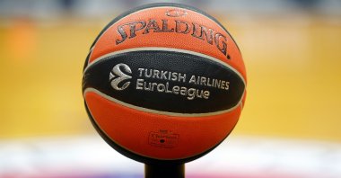 A THY EuroLeague official match ball is on display in Istanbul, Turkey, Sept. 29, 2021.