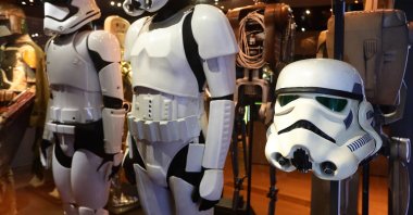 A Stormtrooper helmet on display at "The Star Wars Identities" exhibition during a media preview at The ArtScience Museum in Singapore, Jan. 29, 2021. (Getty Images)