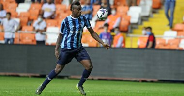 Adana Demirspor's Mario Balotelli controls the ball during a Süper Lig match against Gaziantep, Adana, southeastern Turkey, Sept. 25, 2021.