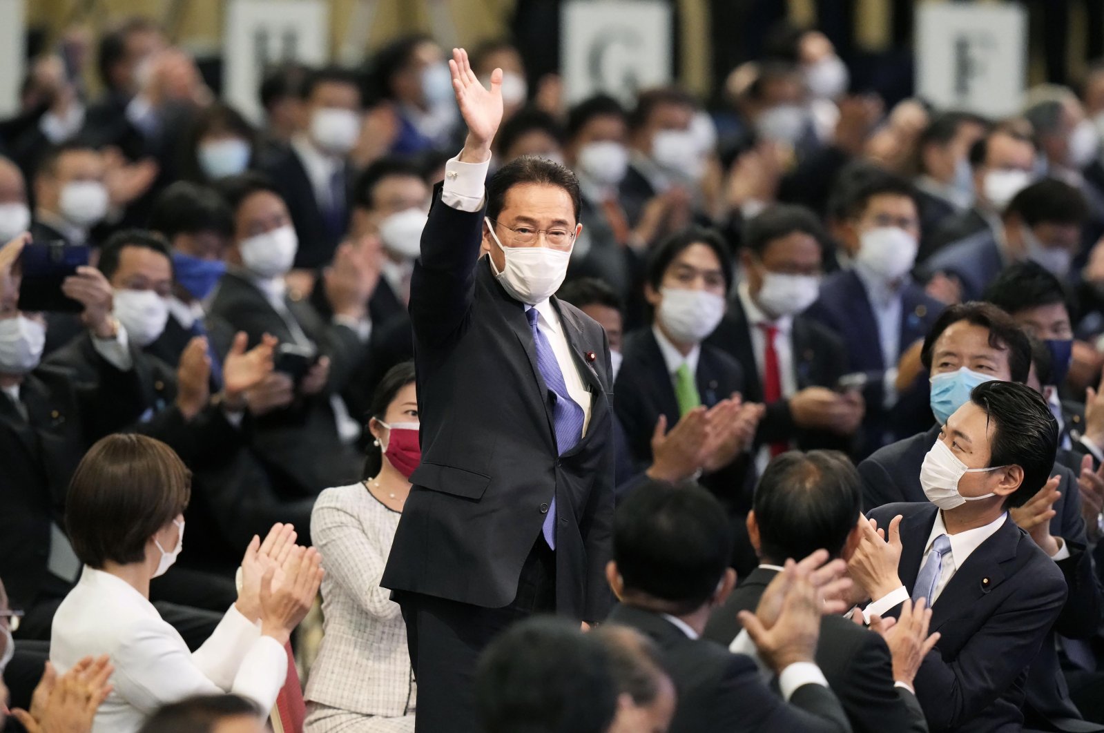 Former Japanese foreign minister Fumio Kishida reacts as he won in the Liberal Democrat Party leadership election in Tokyo Wednesday, Sept. 29, 2021. (AP Photo)