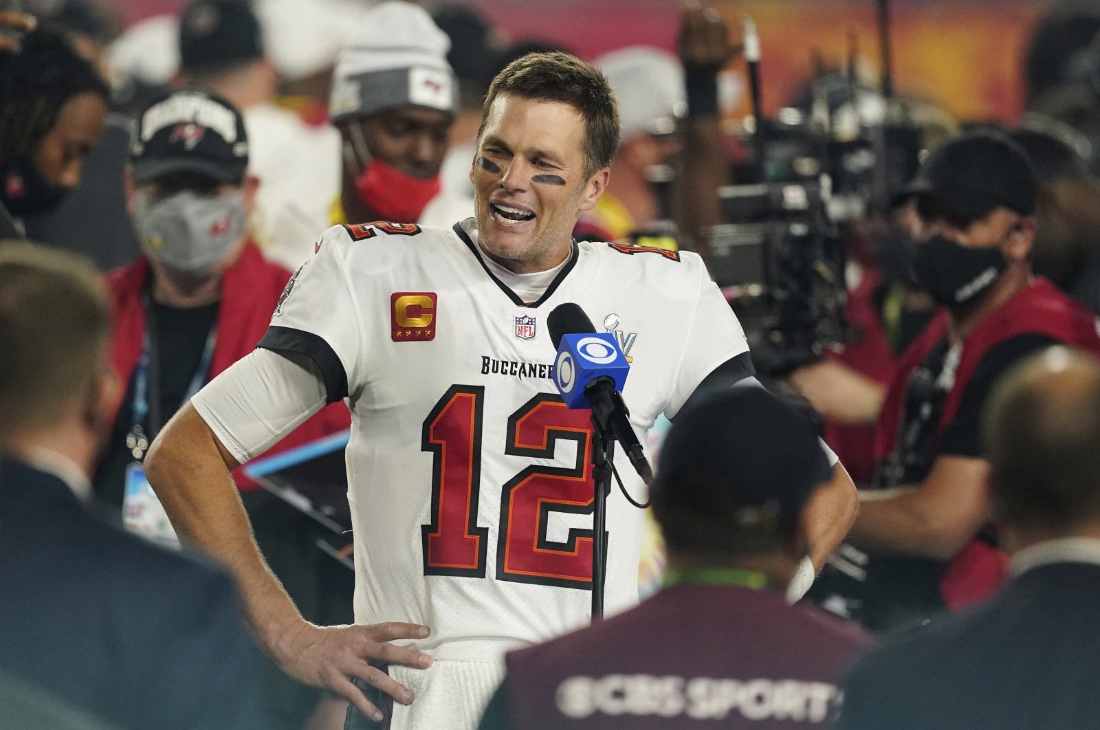 Tampa Bay Buccaneers quarterback Tom Brady (C) speaks after the NFL Super Bowl 55 against the Kansas City Chiefs, in Tampa, Florida, U.S., Feb. 7, 2021. (AP Photo)