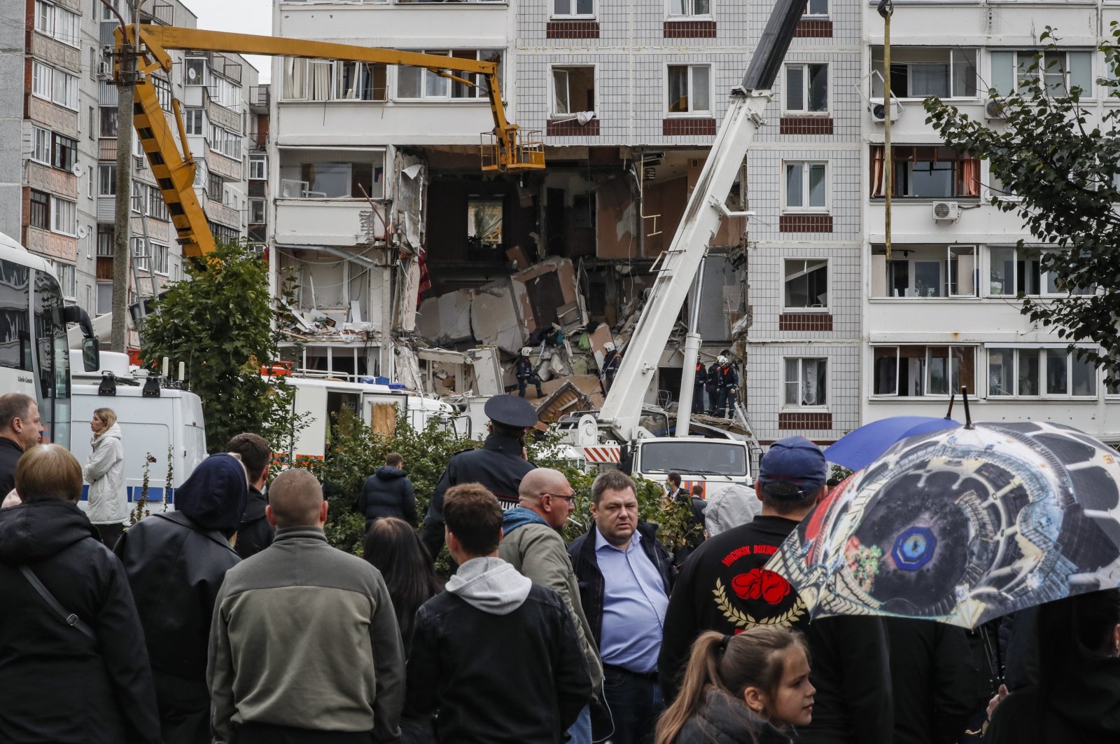 Rescue team members work in the aftermath of a gas explosion at a nine-story residential building in Noginsk, east of Moscow, Russia, Sept. 8, 2021. (EPA Photo)