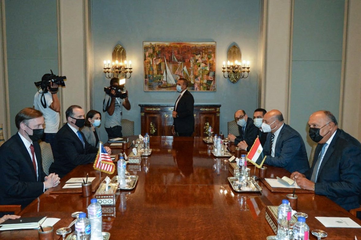 A handout picture released by the Egyptian Ministry of Foreign Affairs shows Egypt's Foreign Minister Sameh Shoukri (R) meeting with U.S. National Security Advisor Jake Sullivan (L), in the capital Cairo, Egypt, Sept. 29, 2021. (Egyptian Ministry of Foreign Affairs via AFP)