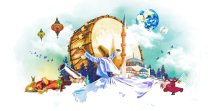 An abstract digital watercolor composition decorated with whirling dervishes, a mosque and a drum. (Shutterstock) 