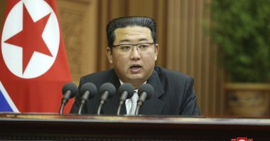 North Korean leader Kim Jong Un speaks during a parliament meeting in Pyongyang, North Korea, Sept. 29, 2021. (AP Photo)