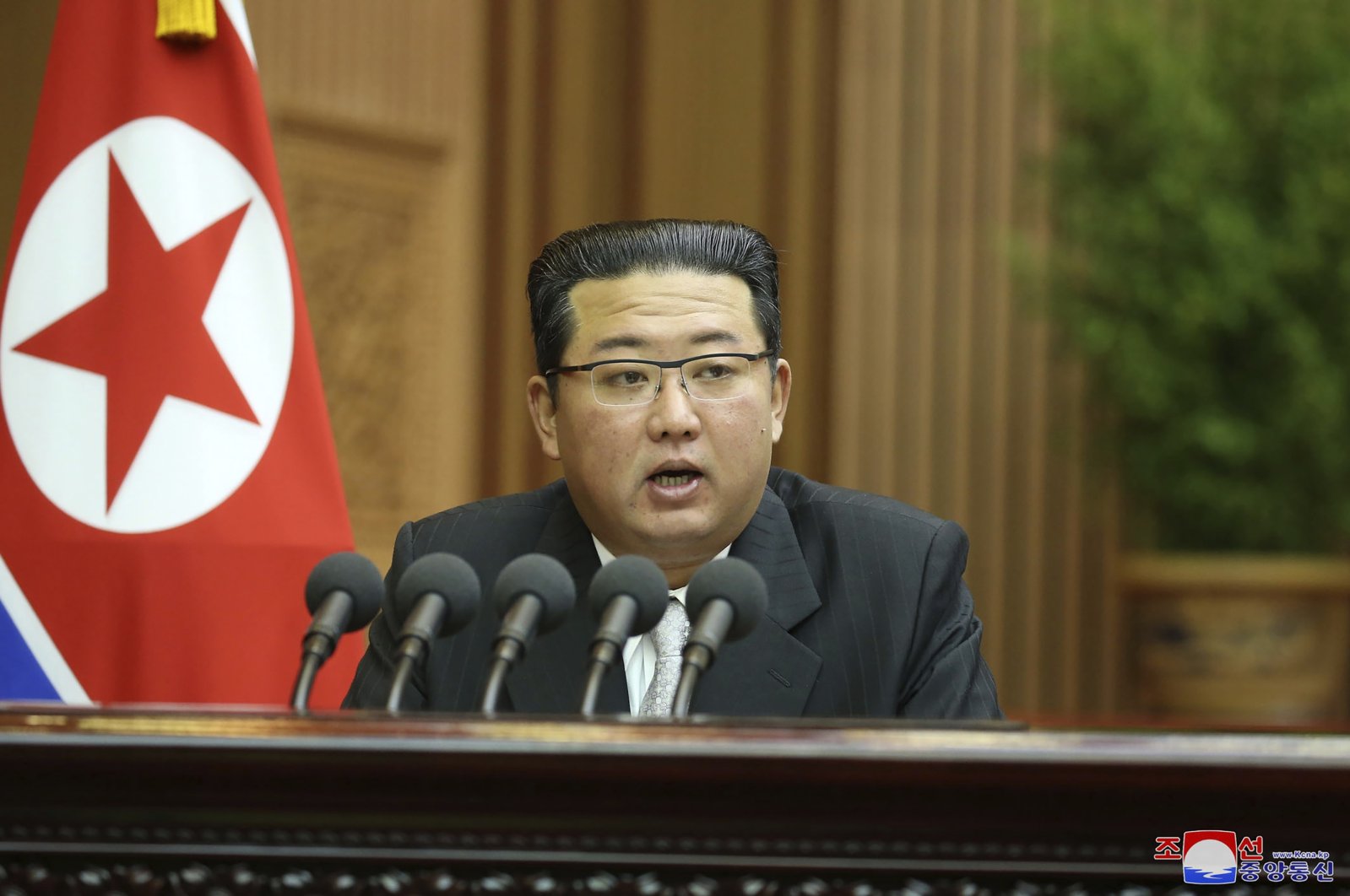 North Korean leader Kim Jong Un speaks during a parliament meeting in Pyongyang, North Korea, Sept. 29, 2021. (AP Photo)