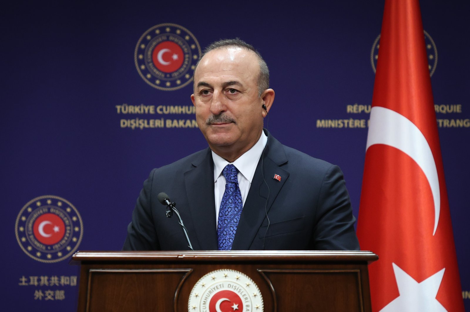 Foreign Minister Mevlüt Çavuşoğlu speaks at a joint news conference with African Union Commission head Moussa Faki Mahamat in the capital Ankara, Turkey, Sept. 30, 2021. (AA Photo)