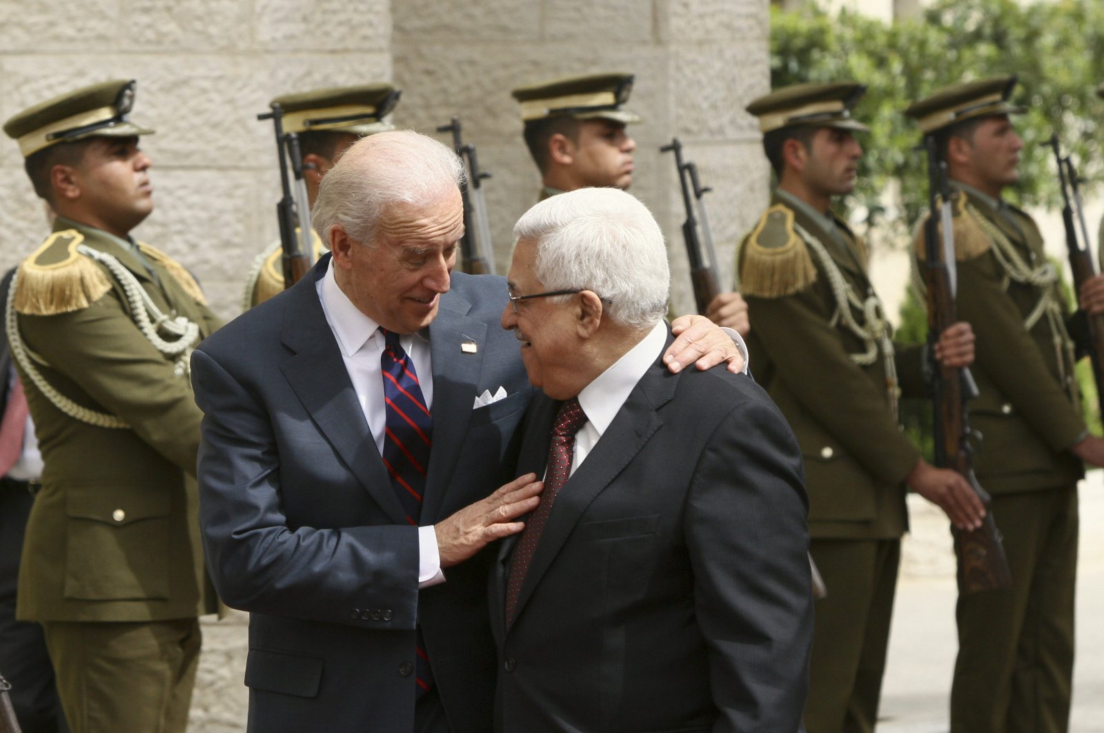 U.S. then-Vice President Joseph Biden (L) talks with Palestinian President Mahmoud Abbas ahead of their meeting in the West Bank city of Ramallah, Palestine, March 10, 2010. (AP Photo)