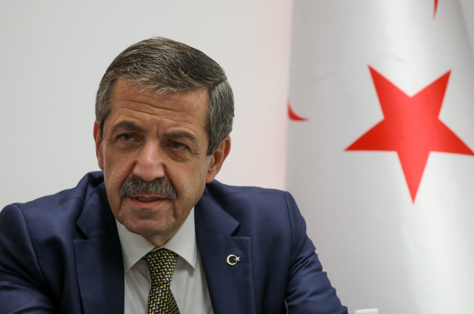 Turkish Republic of Northern Cyprus (TRNC) Foreign Minister Tahsin Ertuğruloğlu speaks to journalists in Washington, U.S., Sept. 30, 2021. (AA Photo)