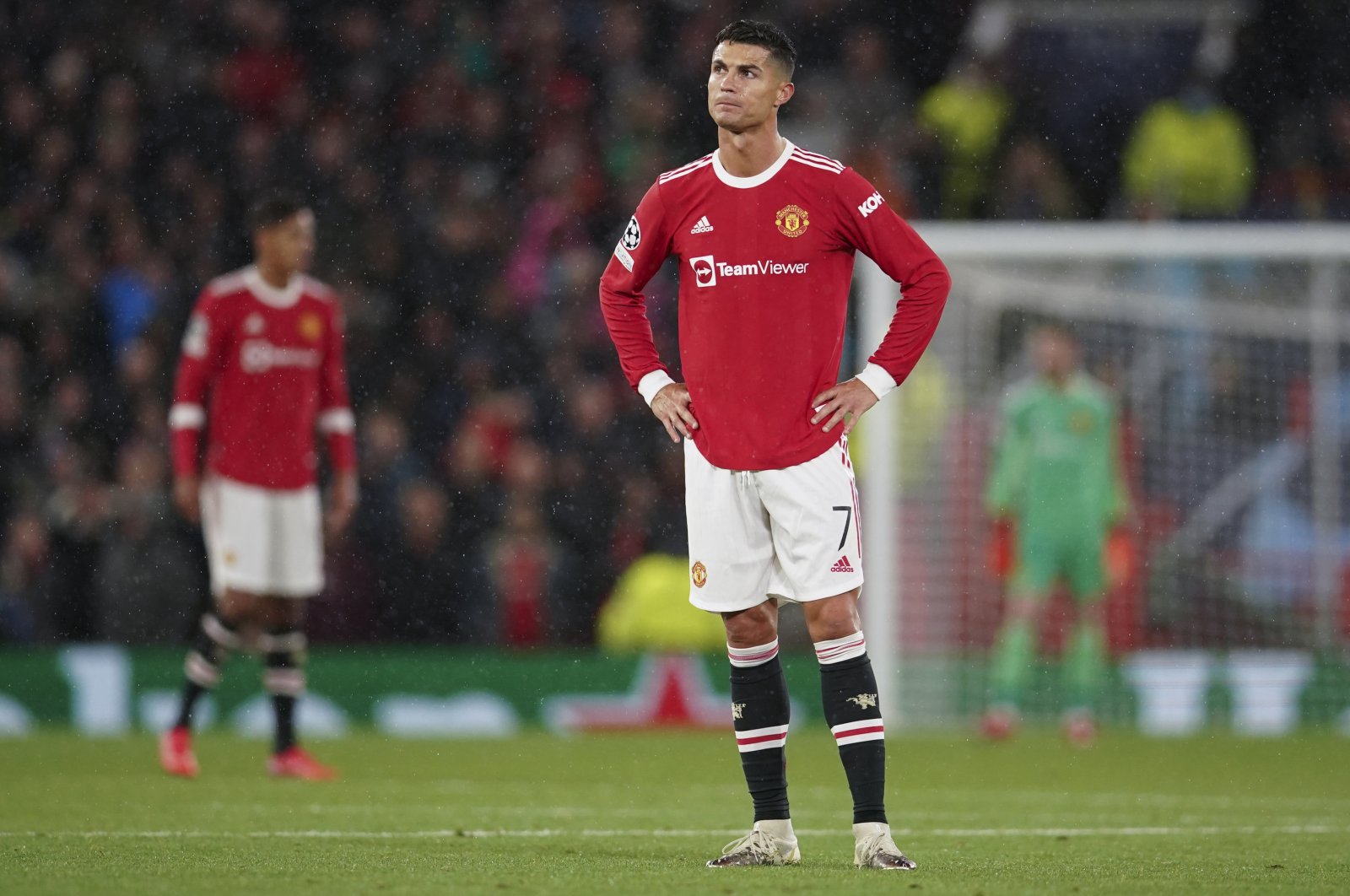Manchester United's Cristiano Ronaldo reacts during a Champions League match against Villarreal at Old Trafford, Manchester, England, Sept. 29, 2021. (AP Photo)