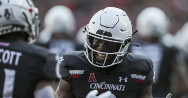 Cincinnati Bearcats wide receiver Michael Young Jr. (8) celebrates with wide receiver Tyler Scott (21) after a touchdown against the Murray State Racers in the second half at Nippert Stadium, Cincinnati, Ohio, U.S., Sept. 11, 2021. (Katie Stratman-USA TODAY Sports via REUTERS)