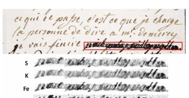 This image provided by researchers shows a section of a letter dated Jan. 4, 1792 by Marie-Antoinette, queen of France and wife of Louis XVI, to Swedish count Axel von Fersen, with a phrase (outlined in red) redacted by an unknown censor. The bottom half shows results from an X-ray fluorescence spectroscopy scan on the redacted words. The copper (Cu) section reveals the French words, "non pas sans vous" ("not without you"). (AP Photo)