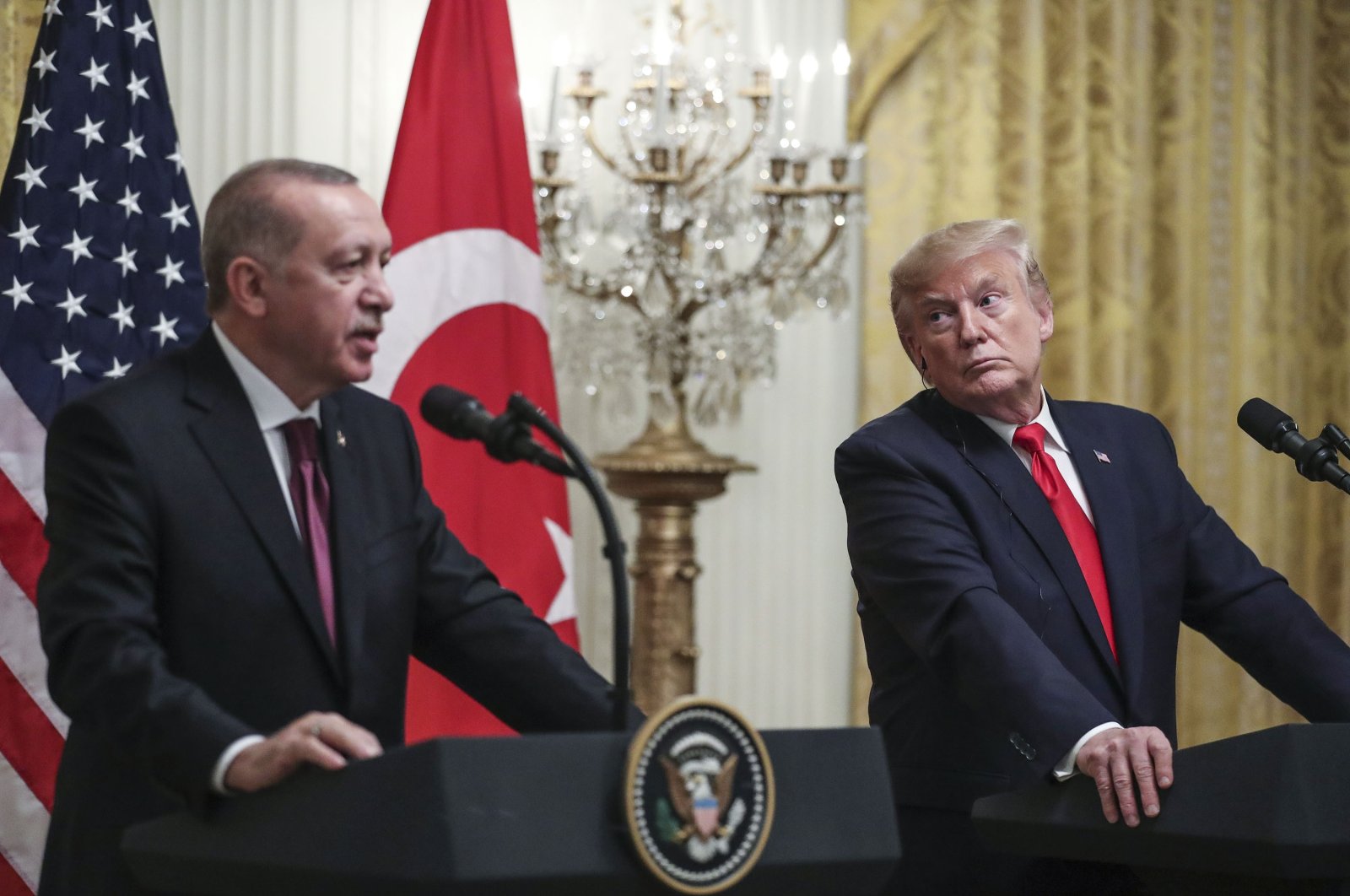 President Recep Tayyip Erdogan speaks during a press conference with then U.S. President Donald Trump in the East Room of the White House, Washington, D.C., Nov. 13, 2019. (Getty Images)