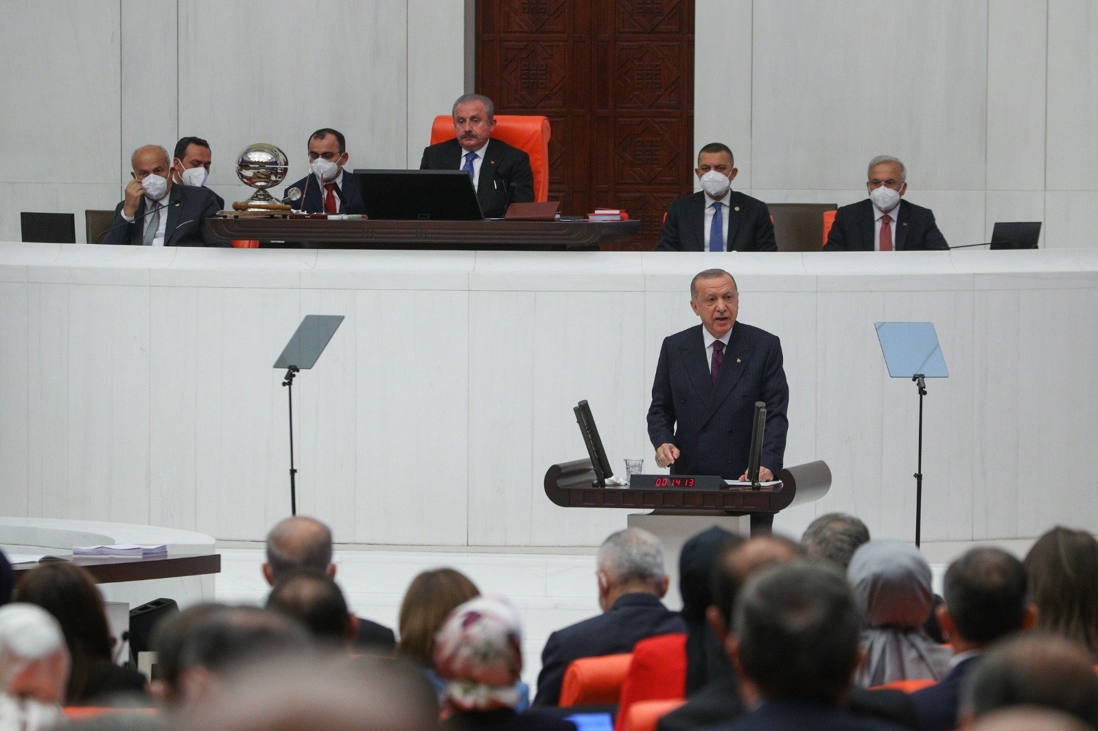 President Recep Tayyip Erdoğan made the opening speech at Parliament on the opening of the fifth legislative year of its 27th term of the Turkish Grand National Assembly (TBMM) in Ankara, Turkey, Oct. 1, 2021. (DHA Photo)