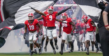 The Georgia Bulldogs led by defensive back Ameer Speed (9) run out to the field to face the Arkansas Razorbacks at Sanford Stadium, Athens, Georgia, U.S., Oct. 2, 2021. (Dale Zanine-USA TODAY Sports via Reuters)