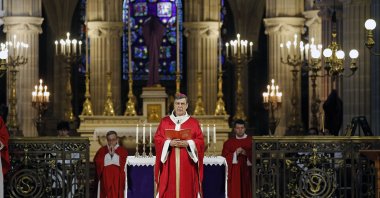 Archbishop of Paris Michel Aupetit conducts Palm Sunday mass behind closed doors and inside an empty church at "Saint-Germain-l'Auxerrois" during the early days of the COVID-19 pandemic, Paris, France,  April 5, 2020. (Getty Images)