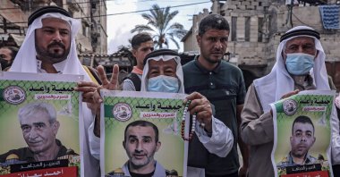 Men march in solidarity with Palestinian prisoners in Israeli jails, in Khan Yunis, Gaza Strip, Palestine, Sept. 27, 2021. (AFP Photo)