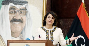 Libyan Foreign Minister Najla Mangoush speaks during a joint news conference with her Kuwaiti counterpart in Kuwait City on Oct. 3, 2021. (AFP Photo)