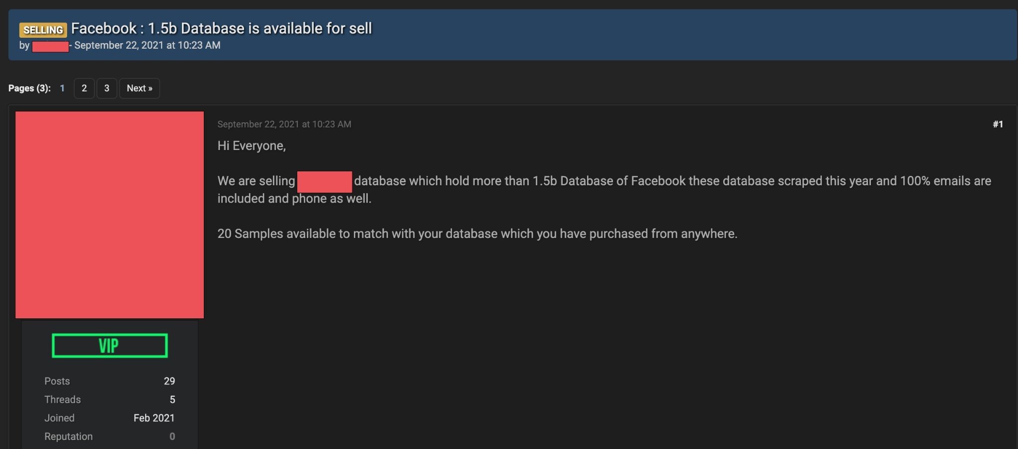 A screenshot allegedly showing a post on the dark web for the sale of over 1.5 billion Facebook users' data.