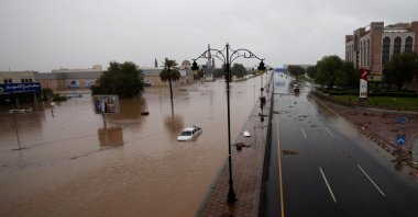 Cars are seen in flooded streets after Cyclone Shaheen hits the capital Muscat in Oman, Oct. 3, 2021. (EPA-EFE Photo)