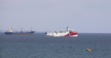 A view of Turkey's research vessel, Oruç Reis anchored off the coast of Antalya on the Mediterranean, Turkey, Sept. 27, 2020. (AP File Photo)