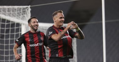 Fatih Karagümrük's Jure Balkovec (R) celebrate a goal during a Süper Lig match against Başakşehir, at the Vefa Stadium, in Istanbul, Turkey, Oct. 1, 2021. (AA Photo)