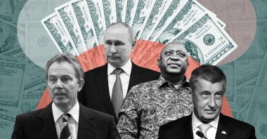 The picture shows former U.K. Prime Minister Tony Blair (L), Russian President Vladimir Putin (2nd L), Kenya's President Uhuru Kenyatta (C) and Czech Prime Minister Andrej Babis (R), who are of 330 current and former politicians identified as beneficiaries of the secret accounts in recently published data leak dubbed the "Pandora Papers." (Daily Sabah Photo)